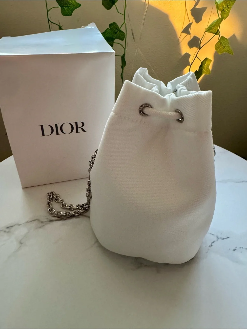 Dior White Drawstring Bucket Bag with Chain Strap brand new authentic!